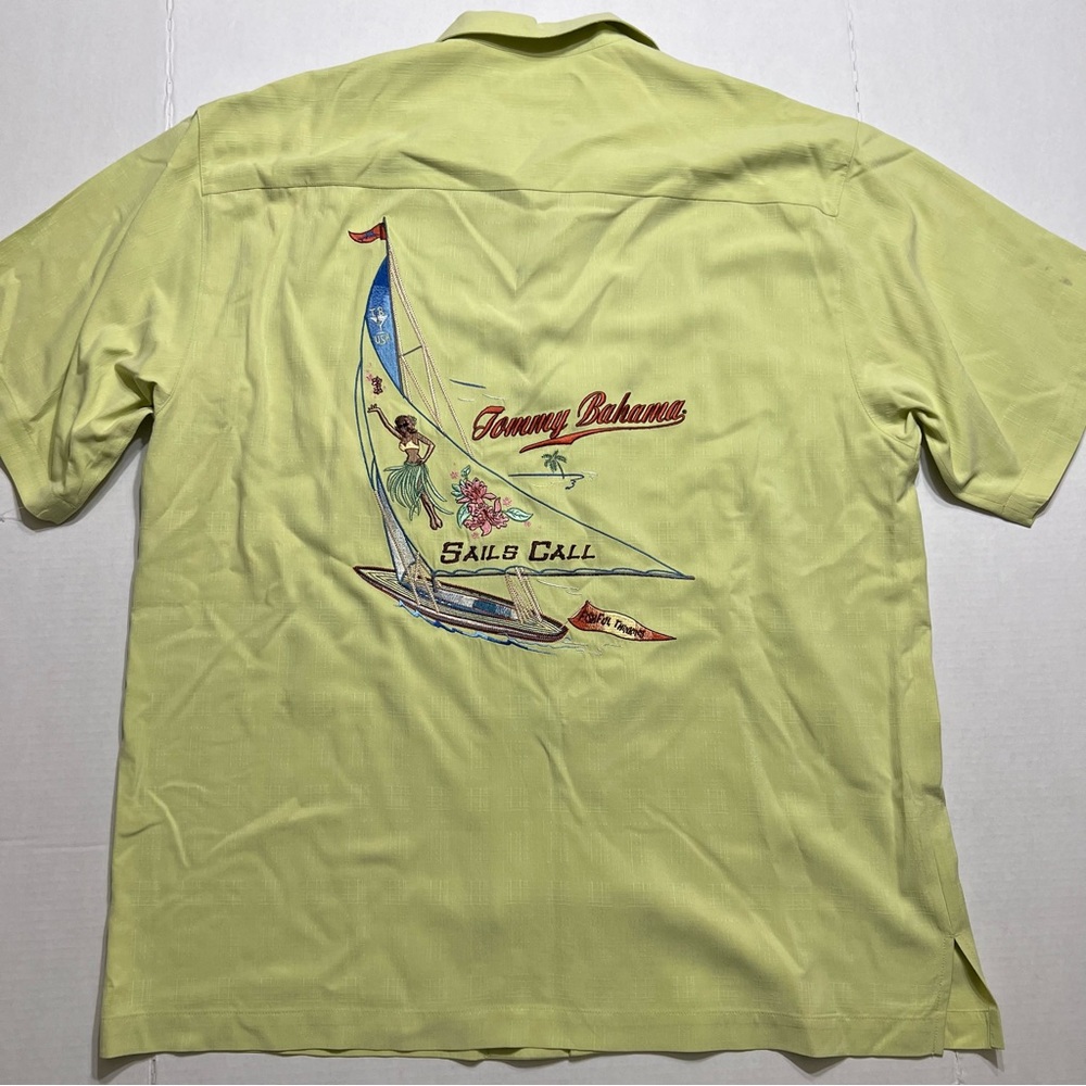 Tommy Bahama Shirt Mens Large Green Embroidered Camp Button Up Silk